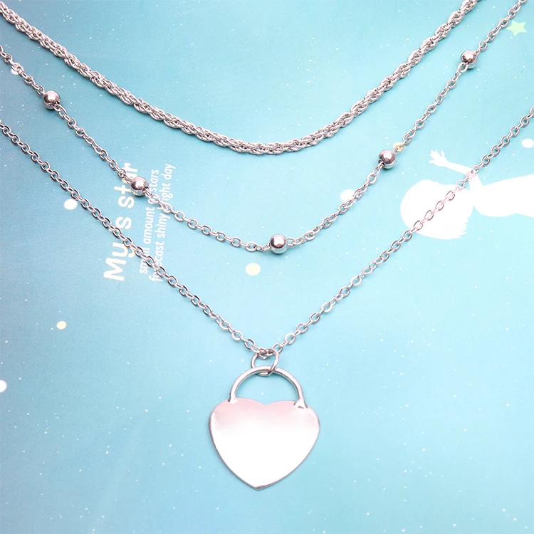 

2021 Fashion layered triple chain necklace silver heart lock pendant multi layer necklace with twisted rope chain for women