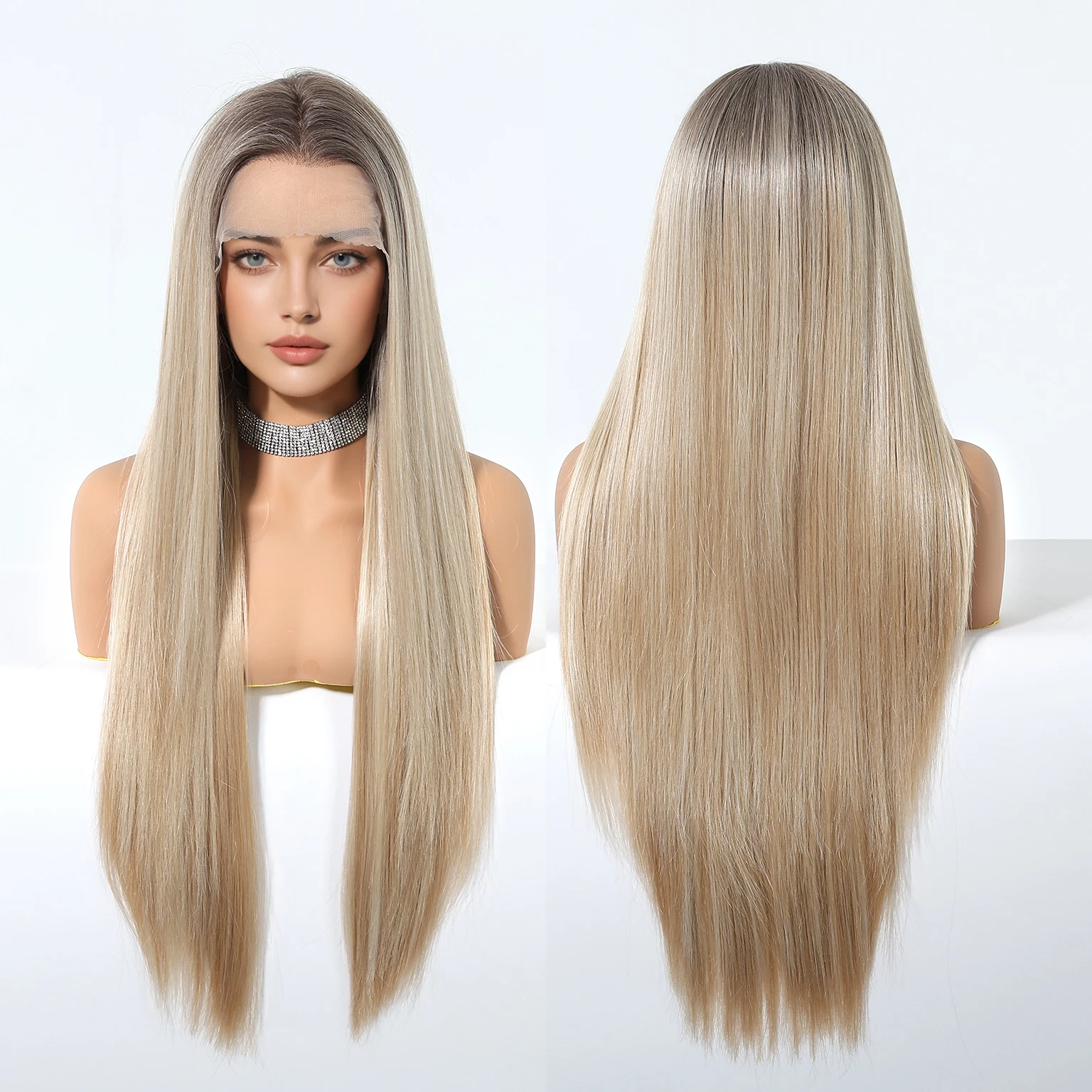 In Stock 13*6 Lace Wig Future Fiber Light Gold High Quality Natural Smooth 30 Inch Straight Hair Durable Soft Real Photo