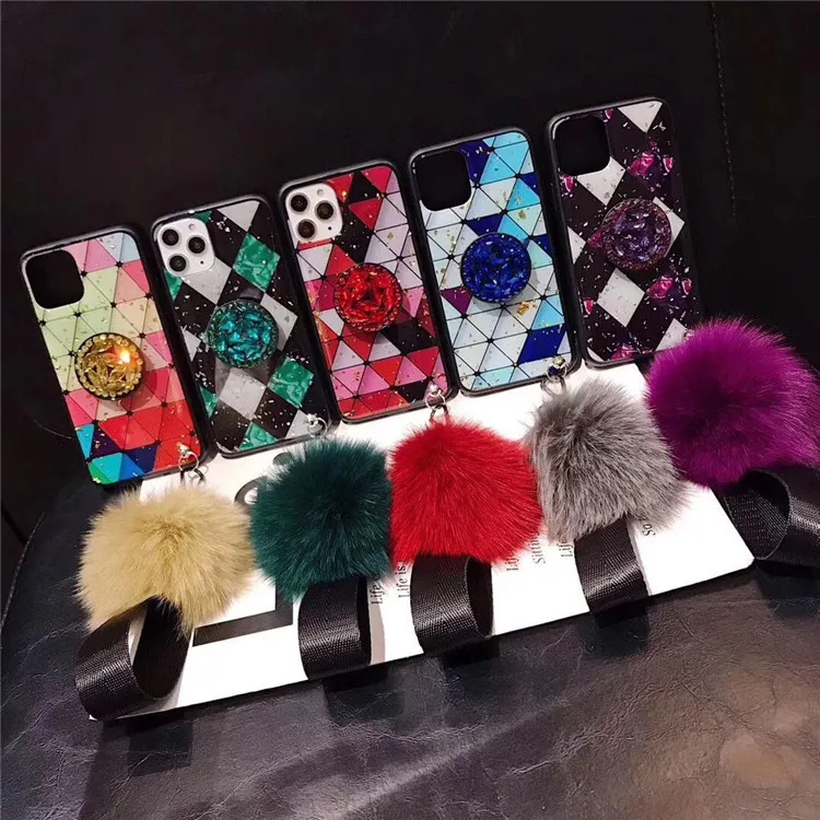

Luxury new shockproof phone case with diamond design holder cute plush ball phone case for iphone, Yellow green red purple blue