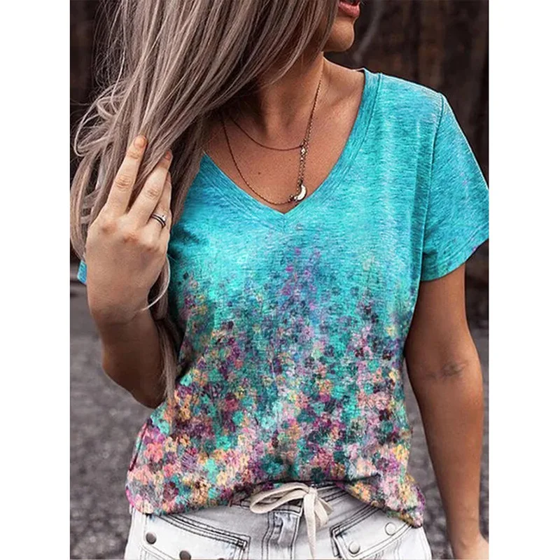 

Hot Selling V-neck Cotton With Design Floral Short Sleeved Casual Workout T-shirt Top For Women