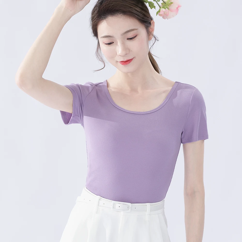 

Summer popular stretch knit short-sleeved blouse fashion sexy knit U-neck solid color short blouse women