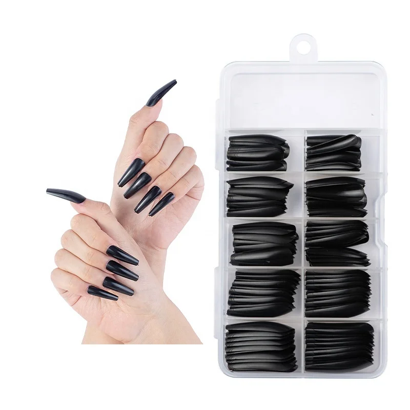 

Amazon Hot High-Quality Coffin False Nails 100 Sheet Pp Boxed Cross-Border Long Ballet Nail Diy Black nails