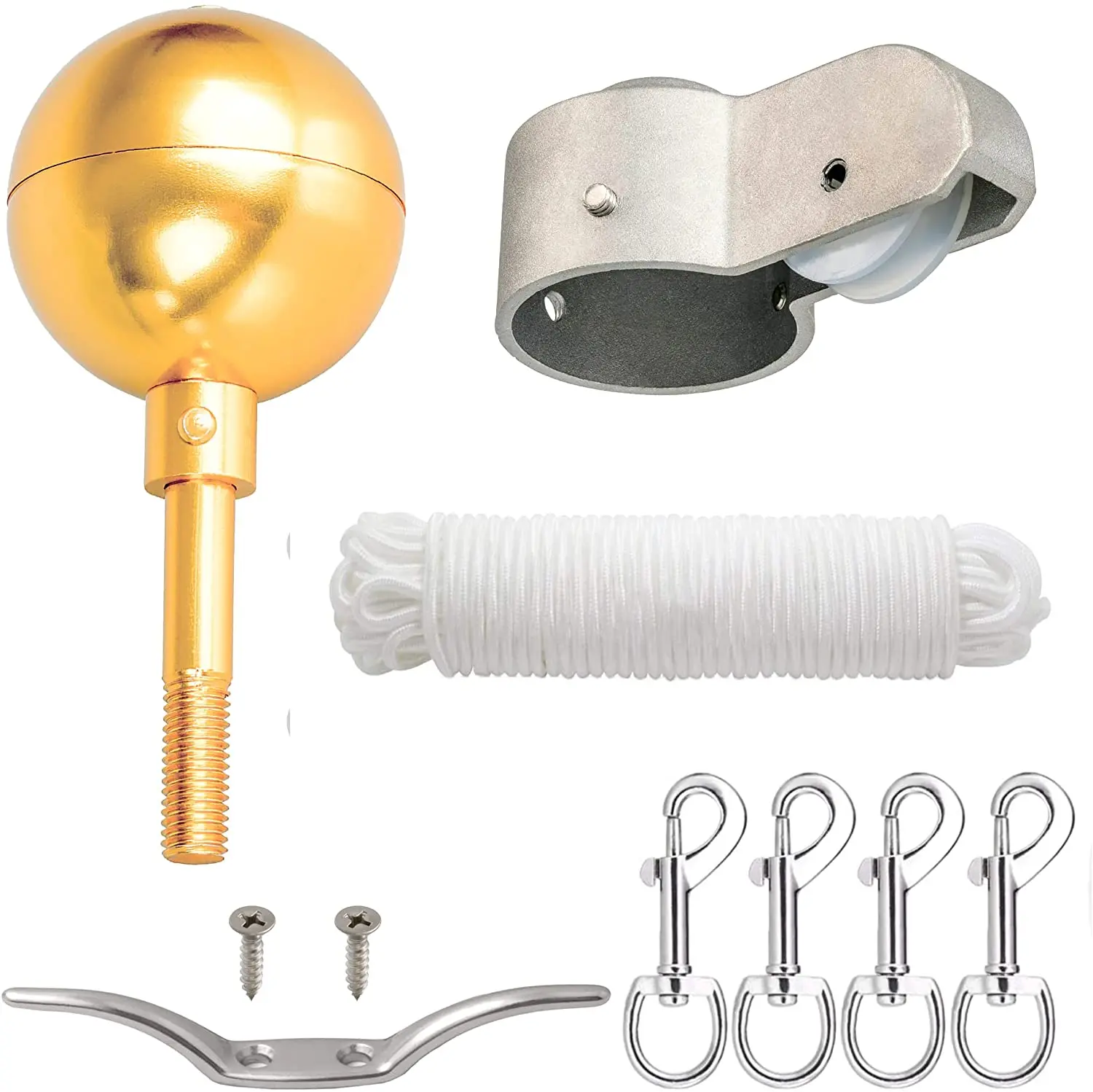 Flag Pole Hardware Parts Repair Kits 3" Topper Gold Ball  Halyard Rope 6" Cleat Hook 4 Flag Swivel Snap Hooks Flagpole Pulley