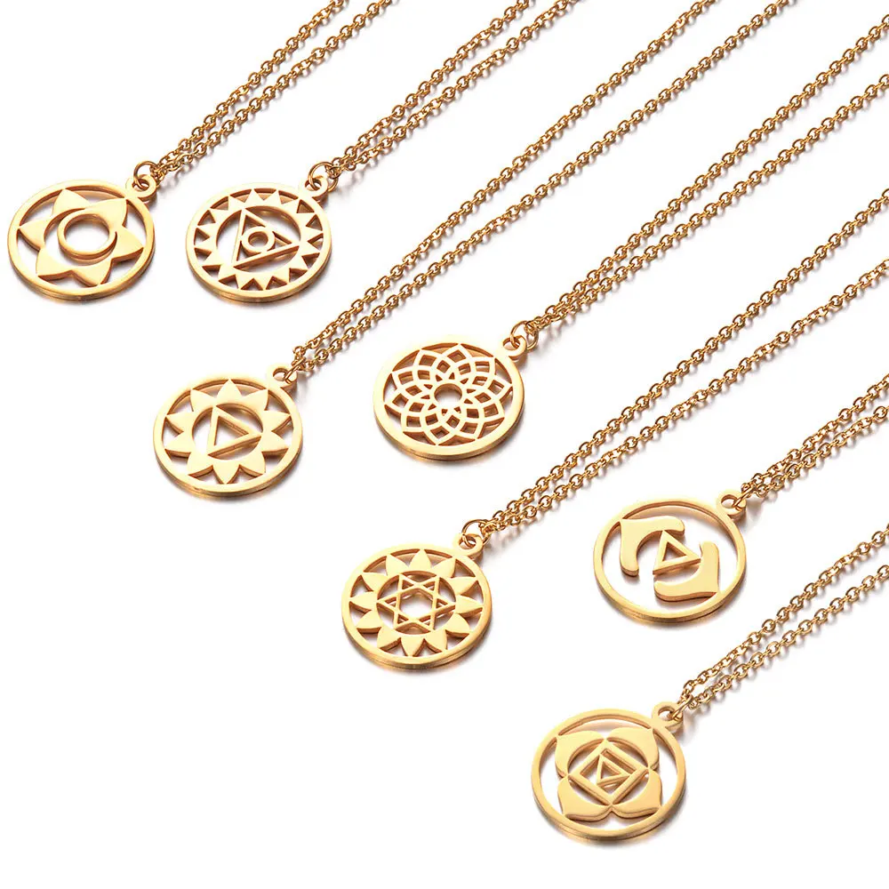 

2022 New 18K Gold Plated 7 Chakra Hollow Lotus Pendant Necklace Stainless Steel Waterproof Yoga Pendant Clavicle Chain For Women, Picture