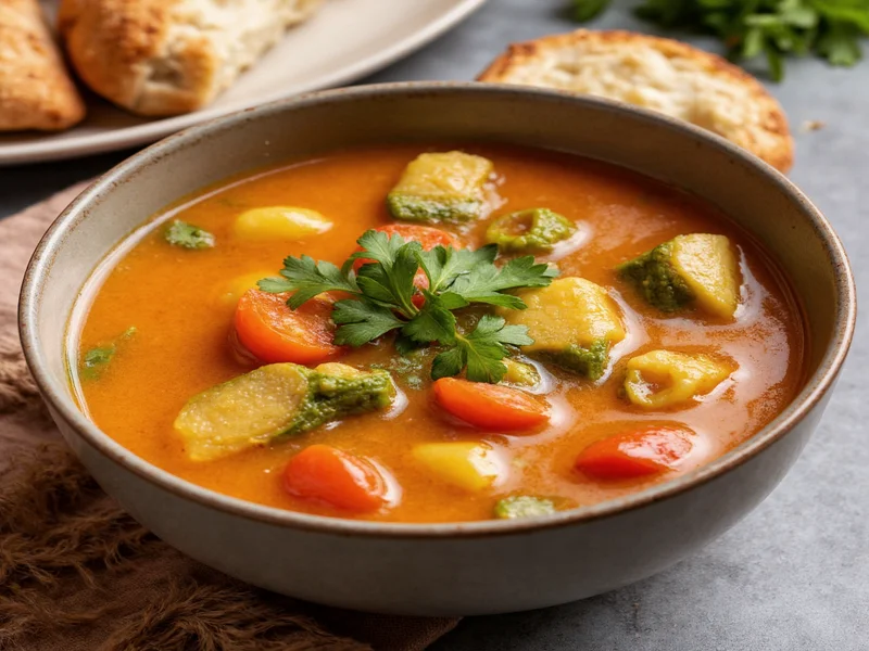 Homemade vegetable soup served with crusty bread