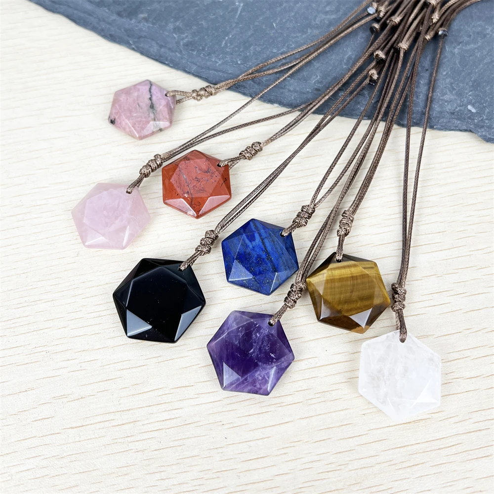 Wholesale Natural Crystal Pendant Rose Quartz Tiger Eye Amethyst Lapis Lazuli Hexagonal David Star Waxed Rope Handmade Necklace