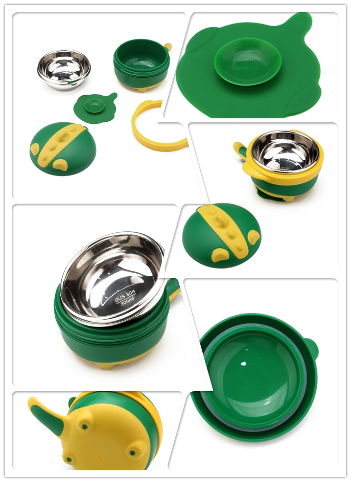 300 ml big stainless steel Baby food warmer feeding bowl with silicone pad double layer waterable zone bowl metal bowl
