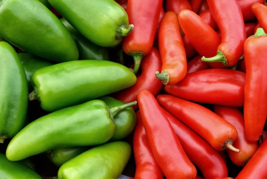 Side-by-side comparison of green jalapeño peppers and fully ripened red jalapeños showing color difference