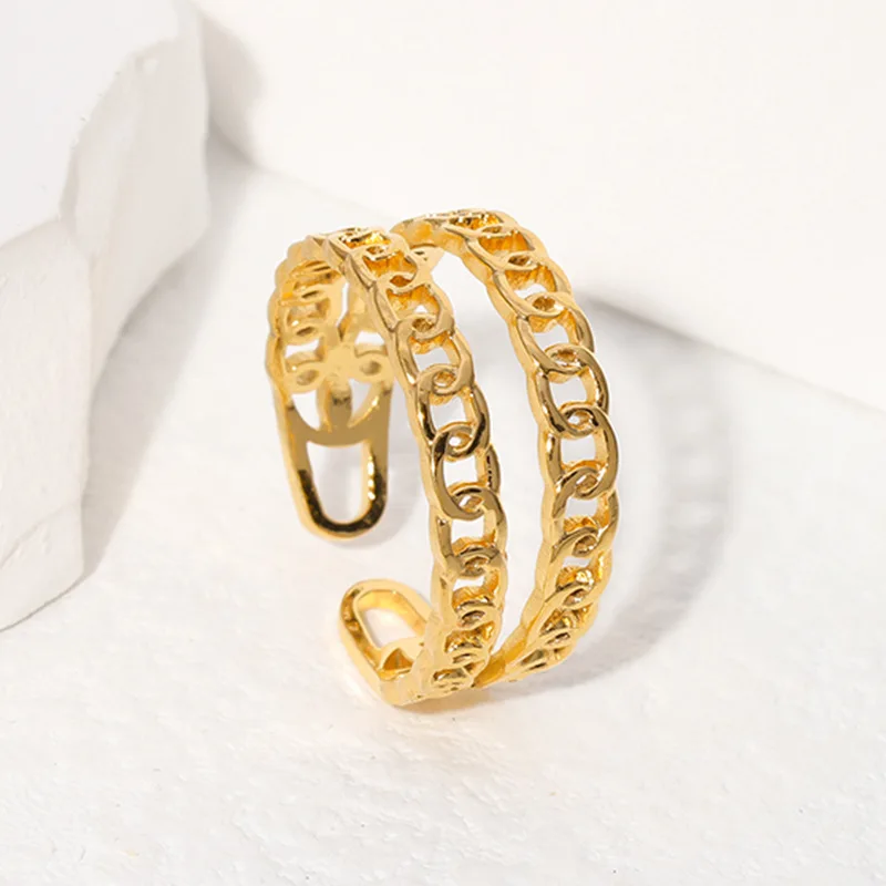 

Statement Gold Plated Titanium Steel Cuban Chain Open Rings Stainless Steel Multilayer Link Chain Finger Ring For Women