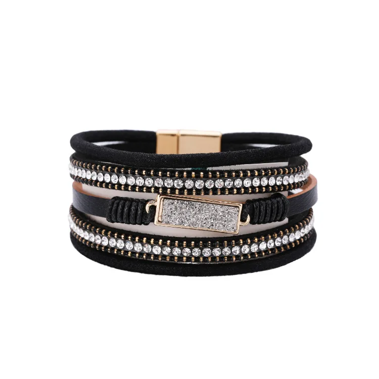 

Bohemia Style Multi Layer PU Leather String Wrapped Bracelet Micro Pave Square CZ Zircon Leather Bracelet For Gift