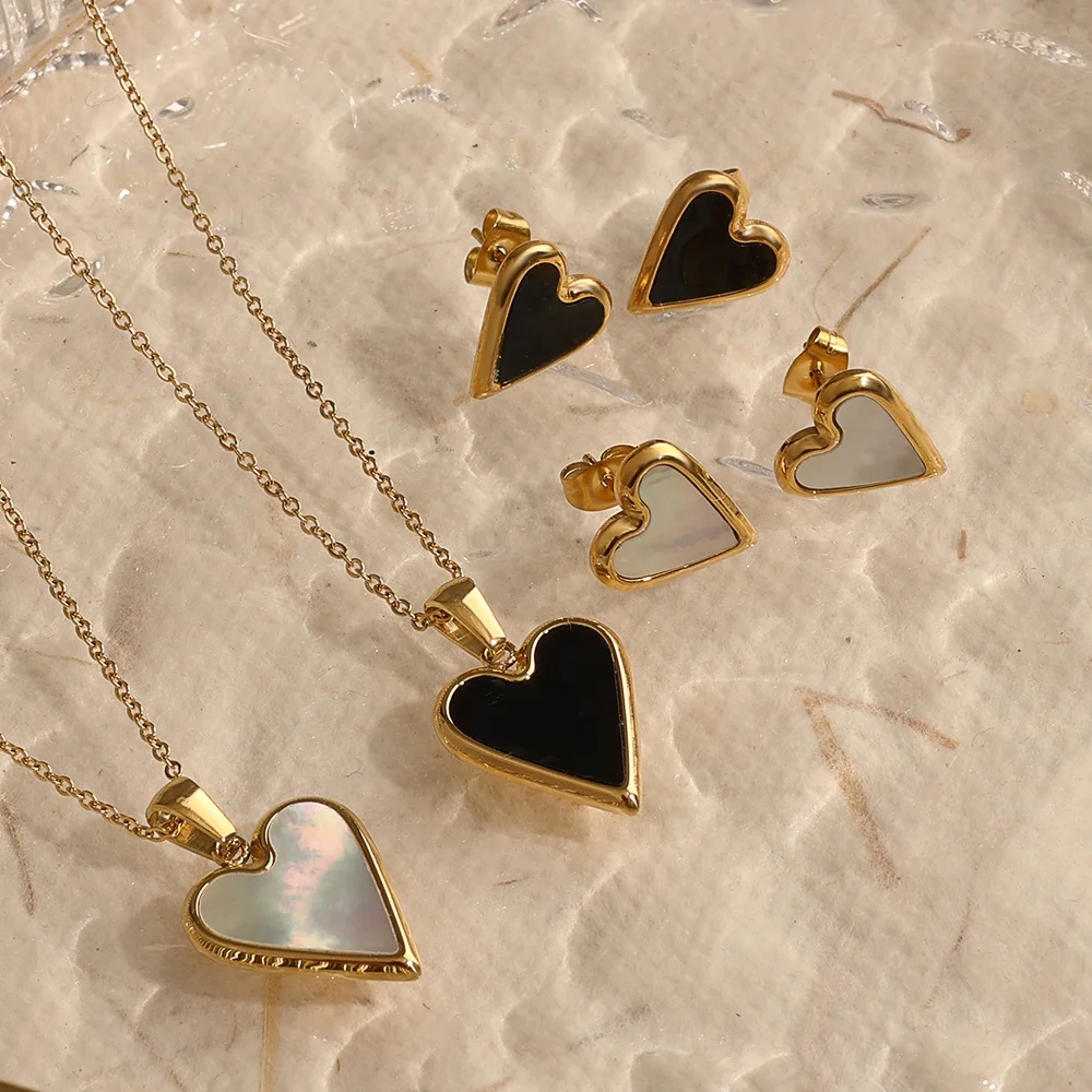 

2023 New Fashion Tarnish Free Stainless Steel Heart Shape Natural Stone Studs Earrings Necklace Set For Women