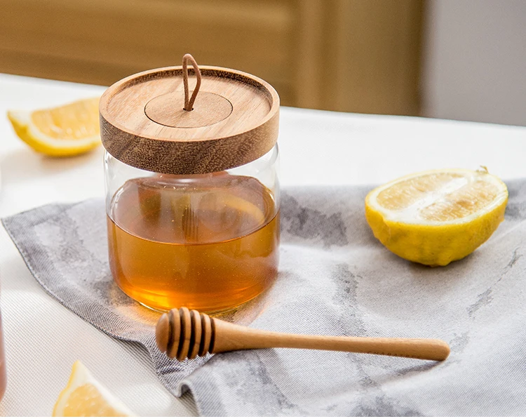 8oz wholesale cheap glass honey jar with wood lid and spoon, Wholesale
