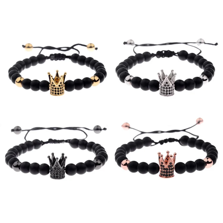 

Wholesale China  Matt Black Onyx Beads Bracelet Men Gold Plating Cooper Zircon Beads Crown Charms Adjustable Bracelets, Picture