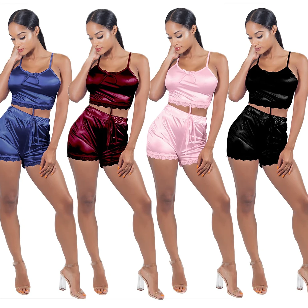 SA7709 summer lace decoration plus size vest crop top and hot shorts two piece women satin short pajama set
