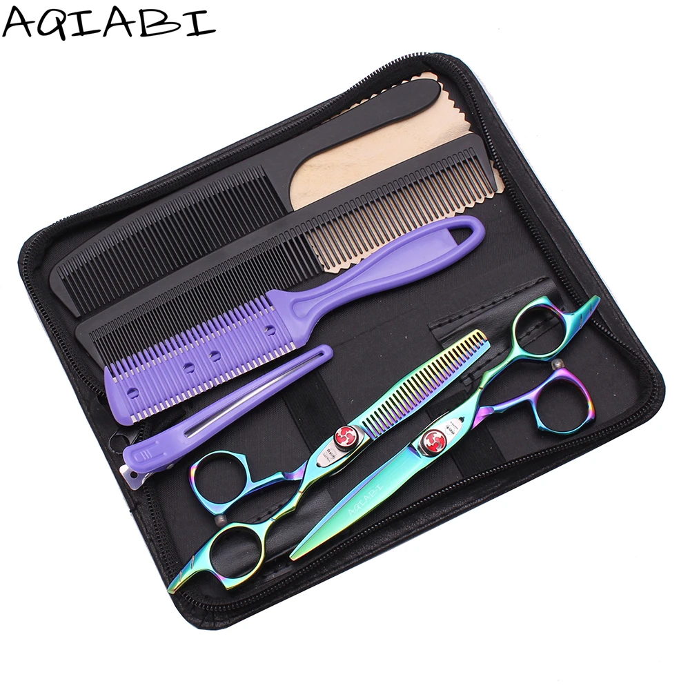 

Barber Scissors Set 5.5" 6" AQIABI 440C Thinning Scissors Hair Cutting Scissors Razor Edge Series Green A9017, Black/silver/green