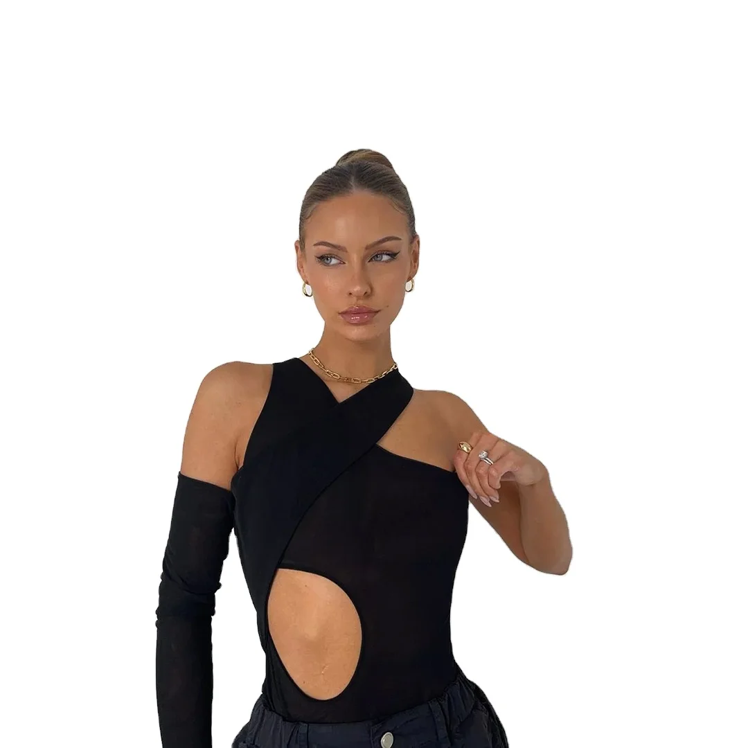 

Black sleeveless hollow design one shoulder mini bandage dresses ladies