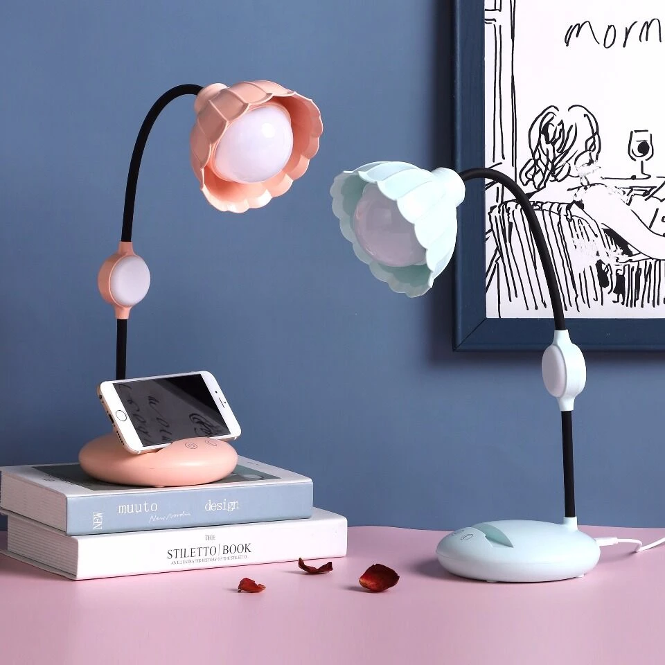 

three color led flower shape night lighting touch work study table lamp with dimmable