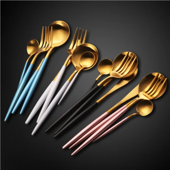 

High End Luxury Royal Pointed Tail Stainless Steel 304 Matte Gold Cutlery Set for restaurant, Pink,black,white,gold,silver