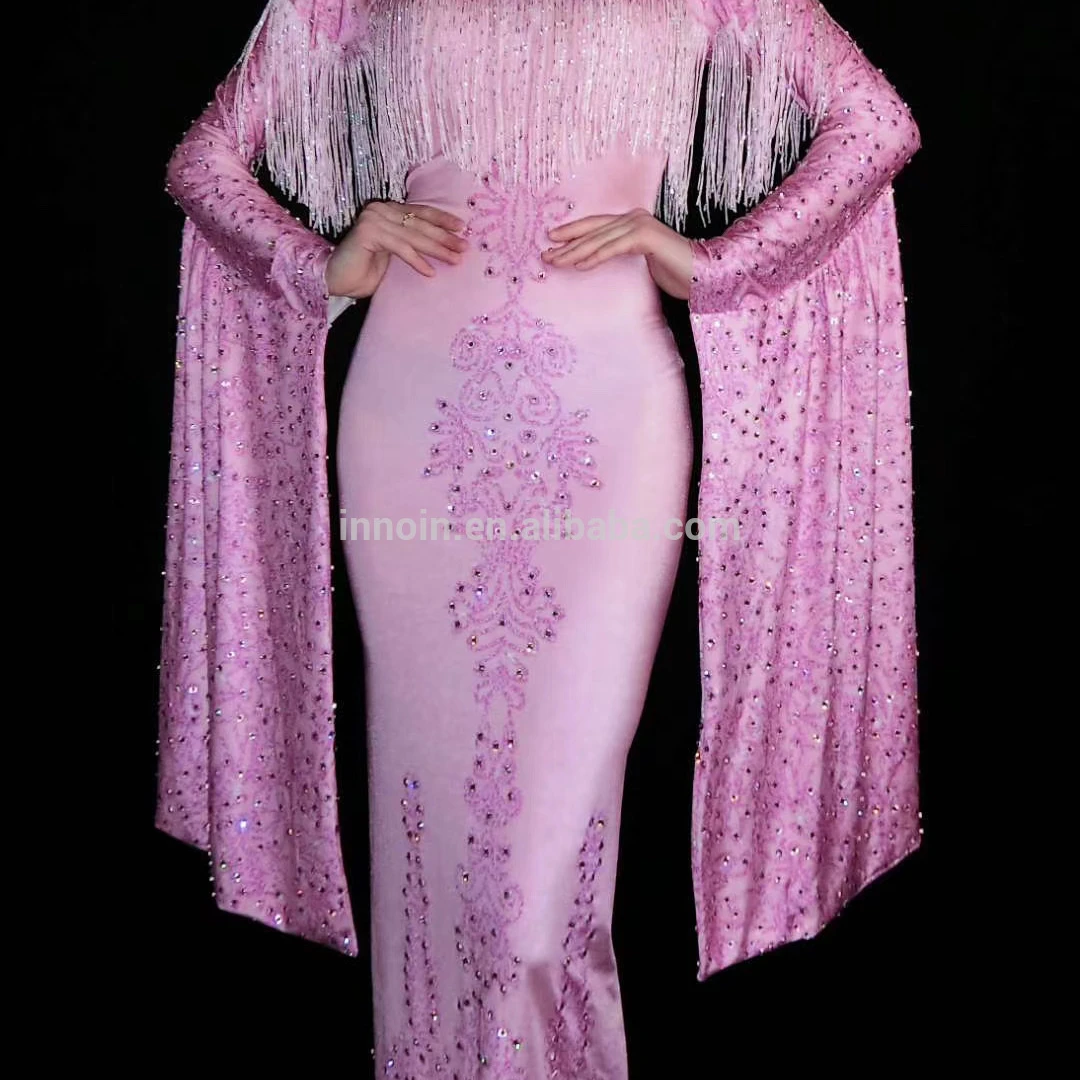 

Singer Dancer Stage Costume Pink Tassel Rhinestones Wrap Hips Long Dress Women Birthday Celebrate Evening Party Costume