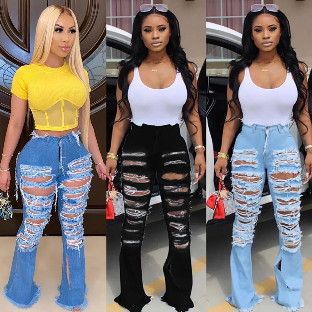 

Hot fashion casual hole burned damaged ripped personality street woman flares pants jeans