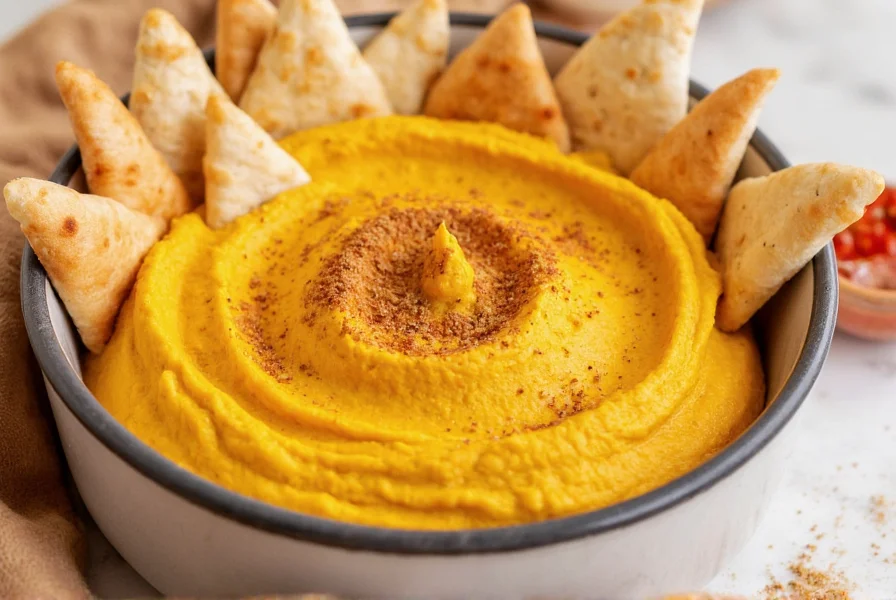 Homemade pumpkin hummus in bowl with pita chips and ground clove spice sprinkled on top