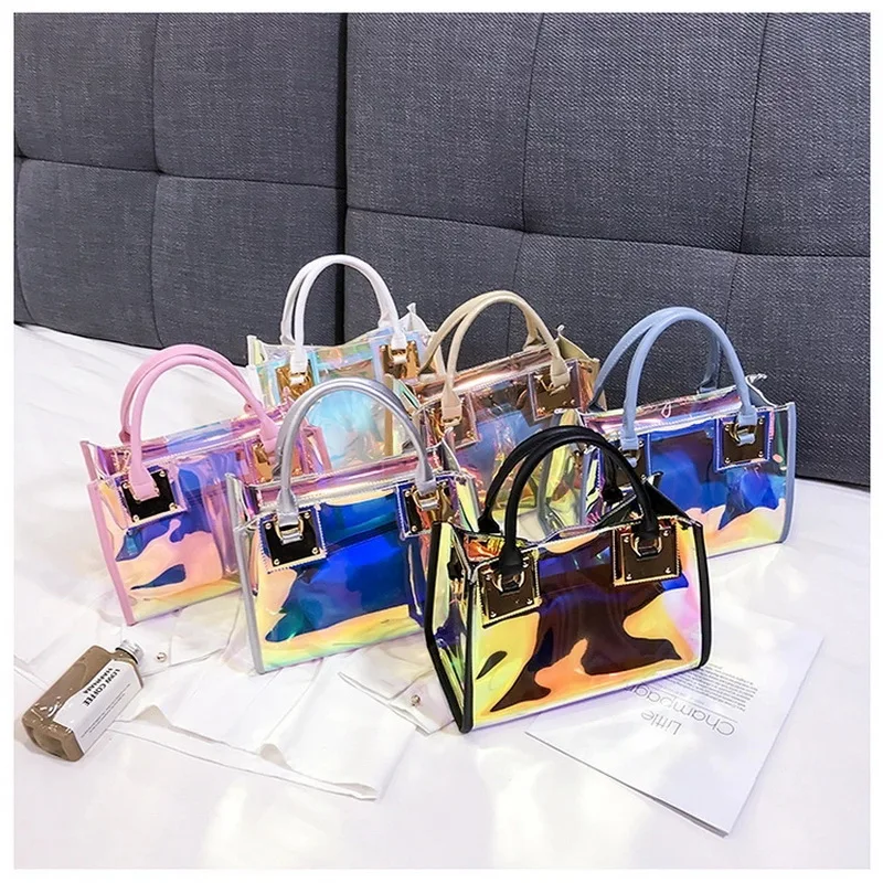 

New Ladies holographic transparent tote bag fashion pvc jelly purse handbag for women, 5 colors