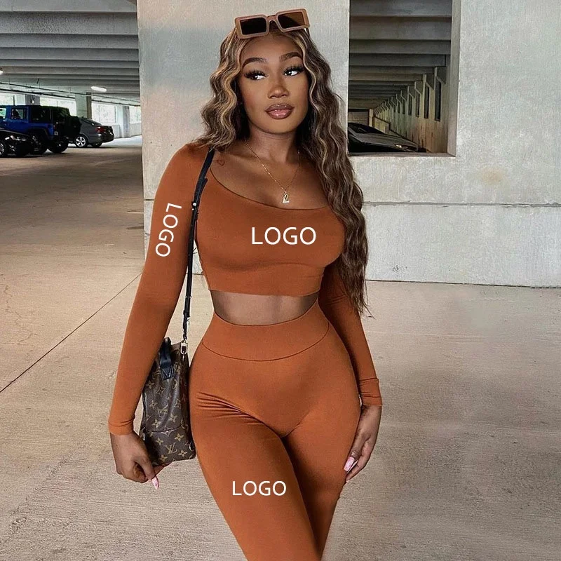 

Ladies Slim Fit Tracksuits Sexy Long Sleeve Crop Top OutFits Custom Logo Two Piece Set Women Clothing, 5 colors