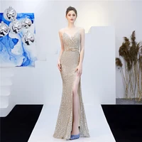 

Fancy Celebrity Party Gowns Spaghetti Strap Backless High Slits Bling Evening Dresses