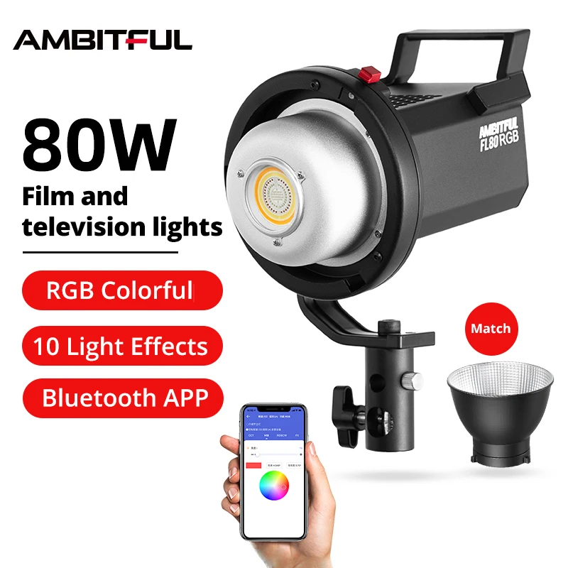 

AMBITFUL FL80 RGB LED Video Light 80W 5600K Outdoor Photography Daylight Lighting Adjust Brightness Bowens Mount Support APP