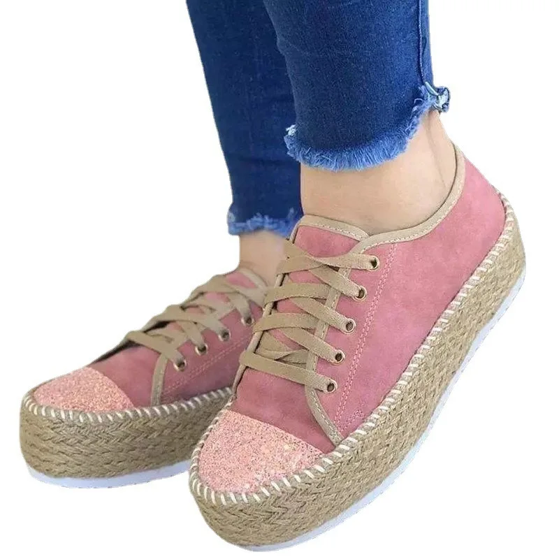

2021 New Ladies Casual Shoes Solid Color Round Head Sequins Platform Lace Up Autumn Ladies Sneakers