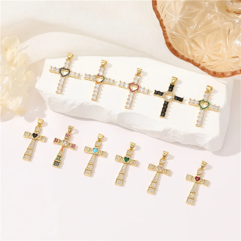 Jiexing Popular Zircon Cross Pendant Brass 14k Real Gold Plated Necklace Bracelet Pendant Charms for Making Jewelry