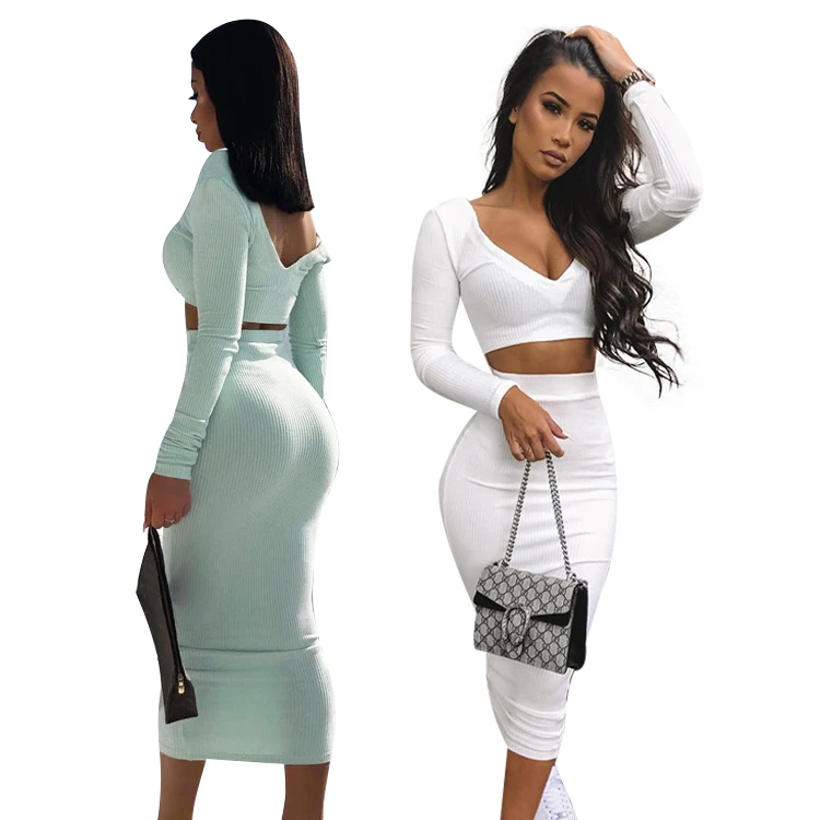 

2020 New Arrival Autumn Women Ribbed V-neck Long Sleeve Bodycon Two Piece Set Party Club Long White Casual Dress