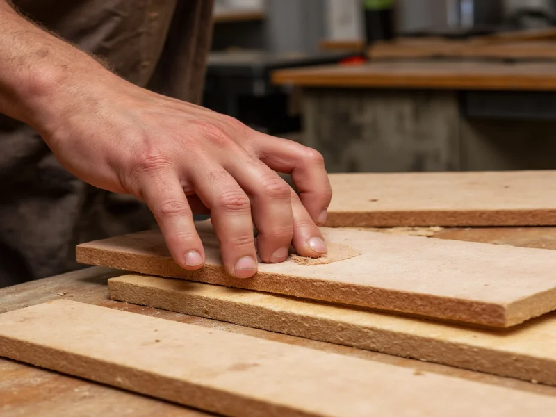 Hand sanding wood slices on workbench