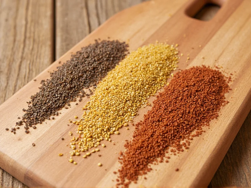 Mustard seeds and spices arranged on wooden cutting board