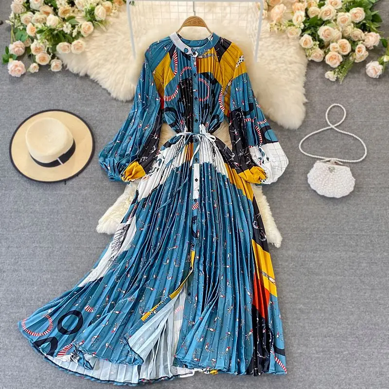 

New Spring Autumn Loose Long Sleeve Printed Satin Single Breasted Pleated Maxi Plus Size Women's Casual Dresses