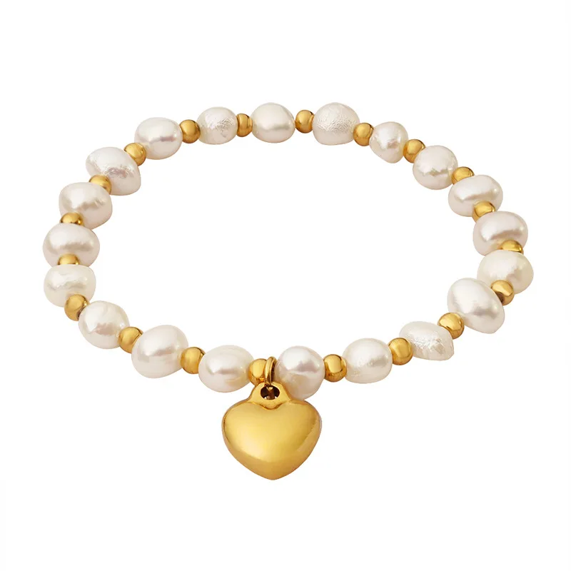 

New designs Women Jewelry 18K Gold Plated Stainless Steel Link Beaded Freshwater Pearl Heart Charm Elastic Bracelet for Women