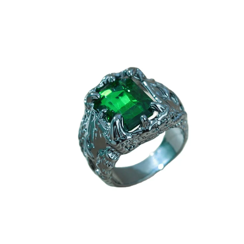 

Obei Jewelry Big Crystal Stone Ring Green Color Zinc Alloy Antique Rhodium Plated Size Adjustable Fashion Jewelry Men, Green crystal stone rings