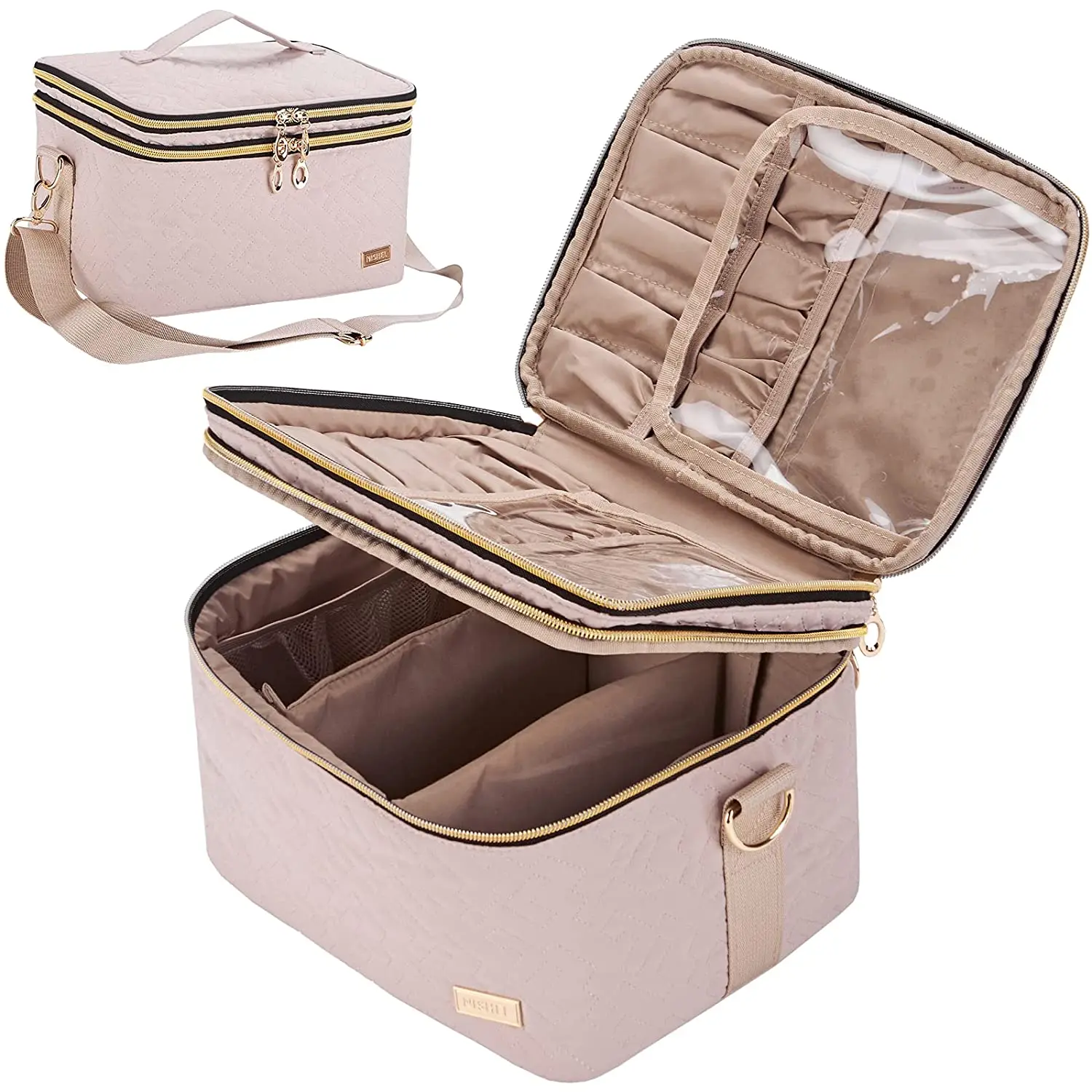 

Large Makeup Brush Case Pink Box Storage Case Double Travel Eyeliner Makeup Bag Hanging Organizer Case with belt, As picture