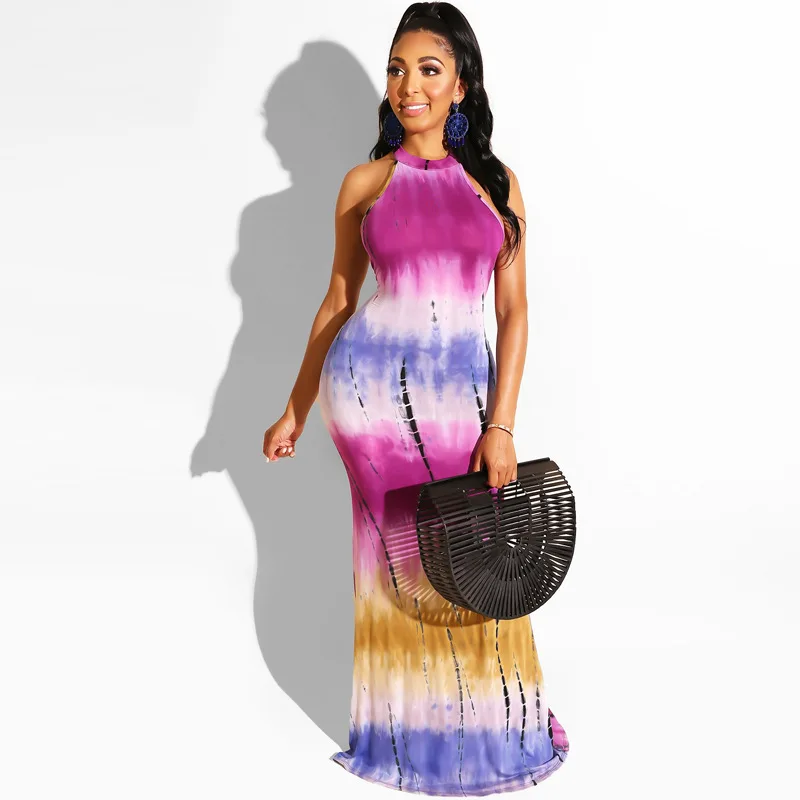 

LOW MOQ New Trendy Ladies Long irregular skirt Summer Loose Sexy Split Long Dress O-Neck Robe Tie-Dye Printed Dress