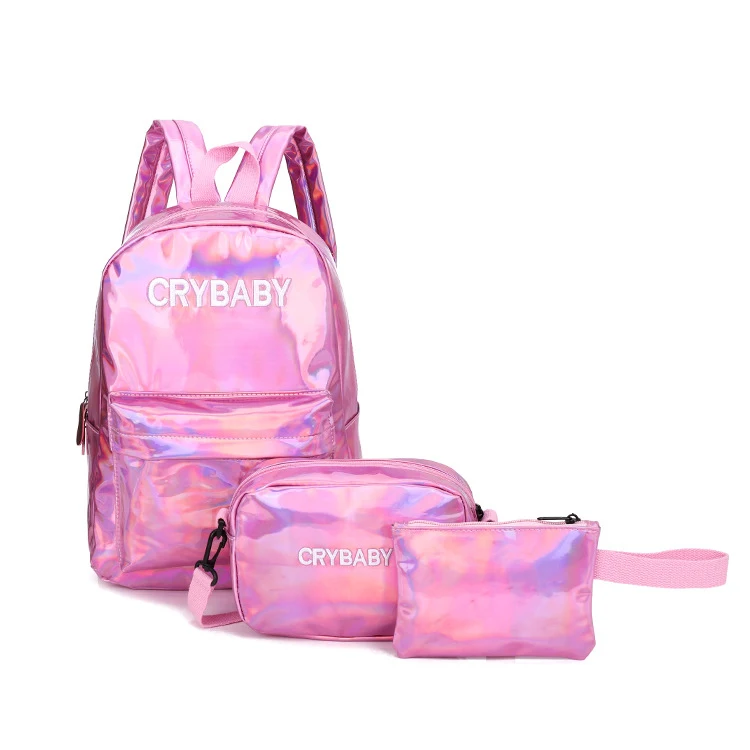 

3pcs/set Holographic Laser Embroidered Letters Hologram Backpack Set School Bag +Shoulder Bag +Pen Bag, As sample or customzied