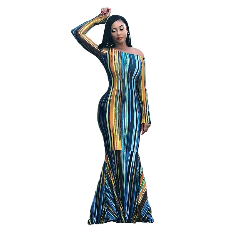 

Summer 2021 sexy evening dress striped print sexy slim long skirt plus size ladies dress