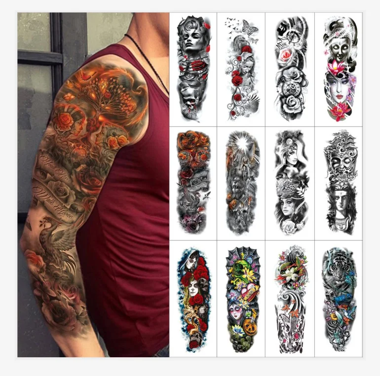 

Wholesale Body Waterproof Large Fake Full Arm Temporary Tattoo sleeve Sticker For men, 4c printing,colorful,red ,green
