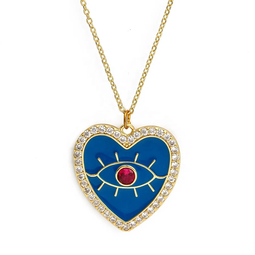 

No Fade United States of America Jewelry Heart Necklace Ruby Red Evil Eyes Heach Jewelry, Gold