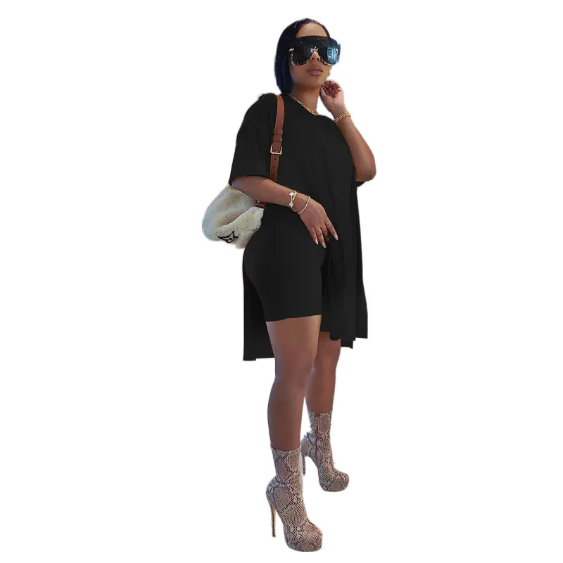 

NW5469 Free Logo Design Women popular fashion Solid Split Long T-shirt & Tight short 2pcs set leisure suit, 4 color