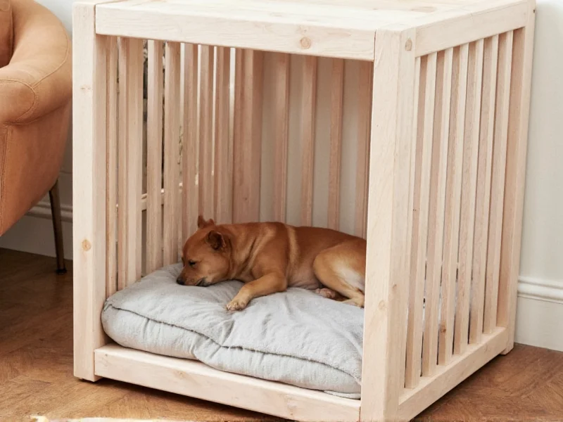 Completed DIY wooden dog crate with comfortable bedding