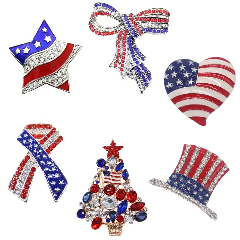 

American Flag Jewelry Rhinestone Ribbon Star 4th July Patriotic Brooch Independence Day Brooch pin, At picture
