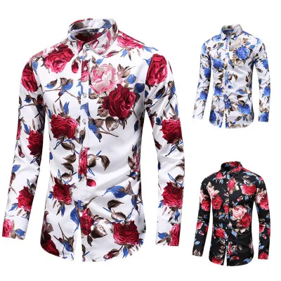 

Hot sale men blouse custom long sleeve flower printed men dress shirts, White-red,black-red,white-blue