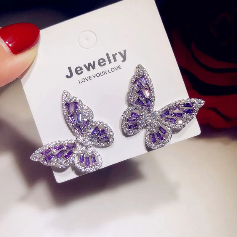 

High quality 18k gold plated CZ butterfly wing earrings jewelry luxury zircon butterfly stud earrings for women