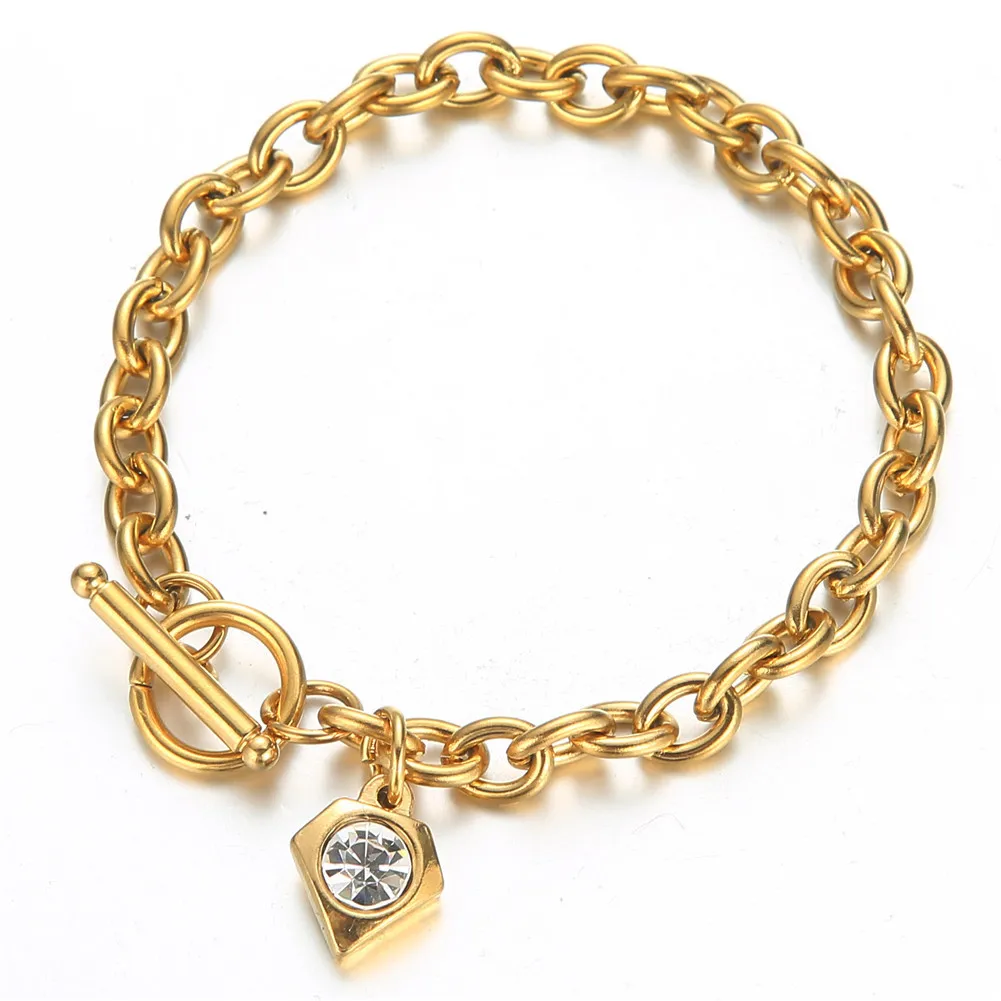

INS Hot Design Real Gold Plating 316L Stainless Steel OT Clasp Lock Bracelet Crystal Rhinestone Heart Pendant Bracelet