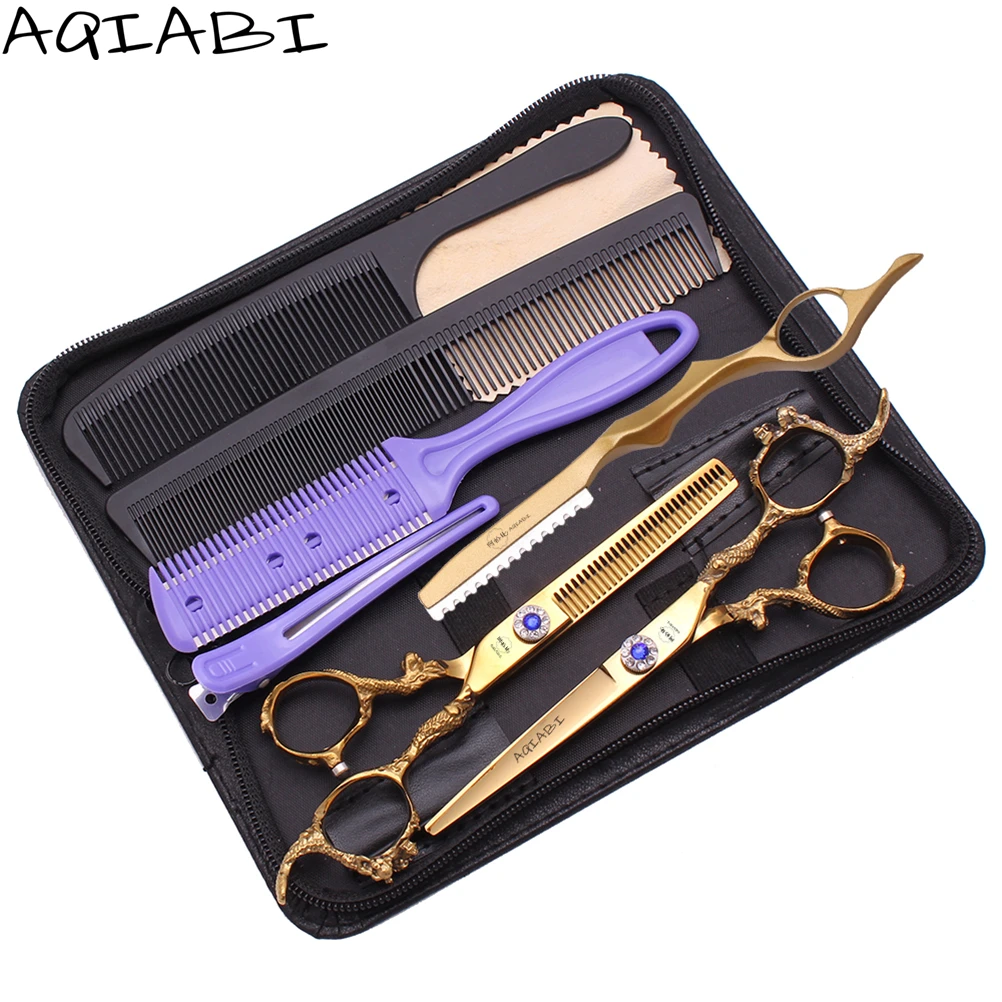 

Hair Scissors Set Add Bag 5.5" 6'' AQIABI Brand Japanese Steel Hair Cutting Scissors Thinning Shears Professional Scissors A9003, Gold